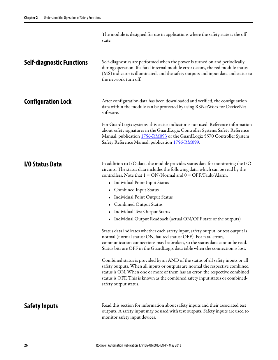 Self-diagnostic functions, Configuration lock, I/o status data | Safety inputs | Rockwell Automation 1791DS-IBxxxx Guard I/O DeviceNet Safety Modules User Manual | Page 26 / 178