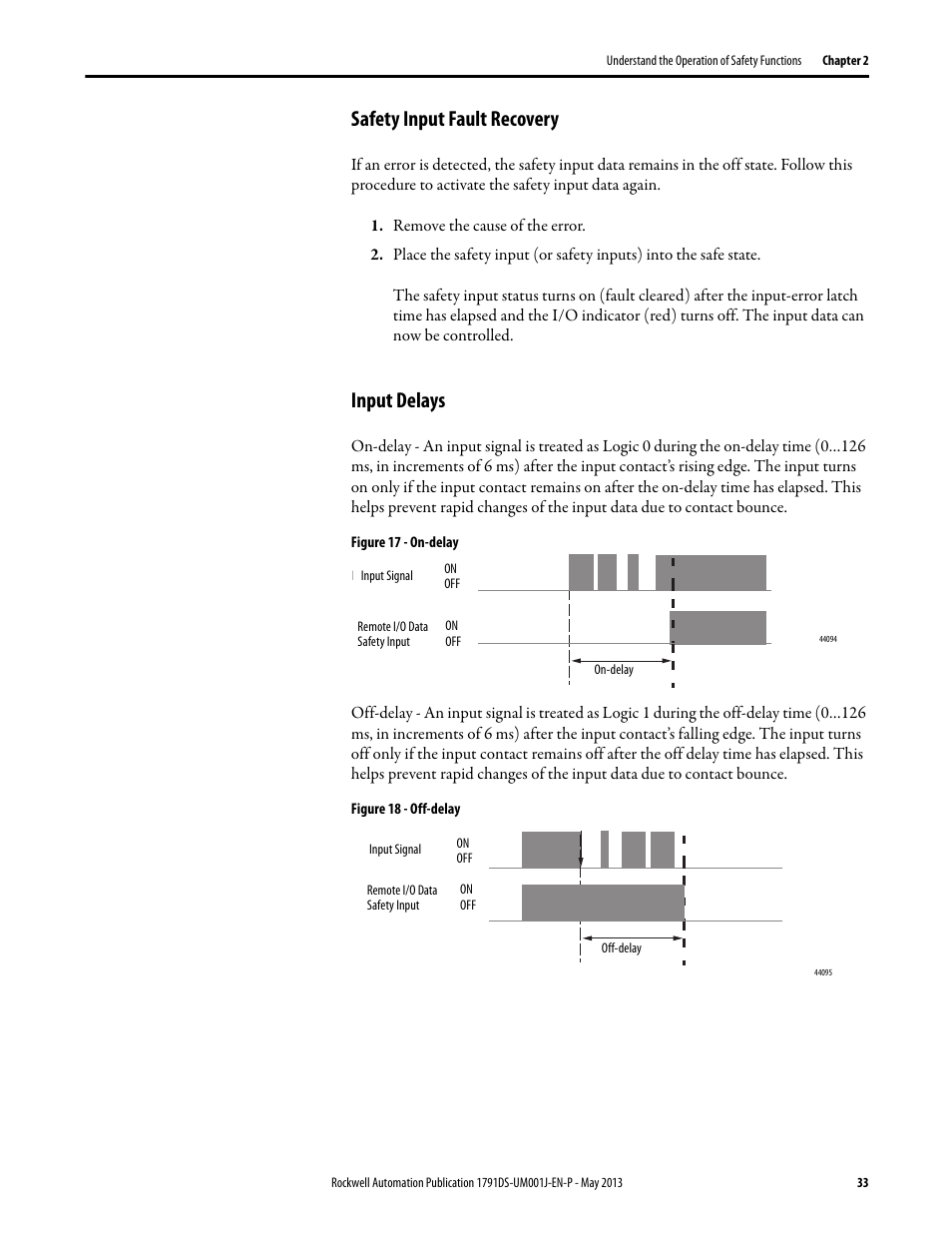 Safety input fault recovery, Input delays, Safety input fault recovery input delays | Rockwell Automation 1791DS-IBxxxx Guard I/O DeviceNet Safety Modules User Manual | Page 33 / 178