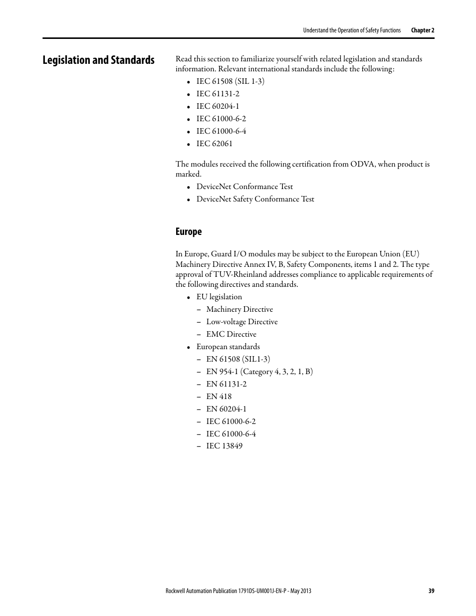 Legislation and standards, Europe | Rockwell Automation 1791DS-IBxxxx Guard I/O DeviceNet Safety Modules User Manual | Page 39 / 178