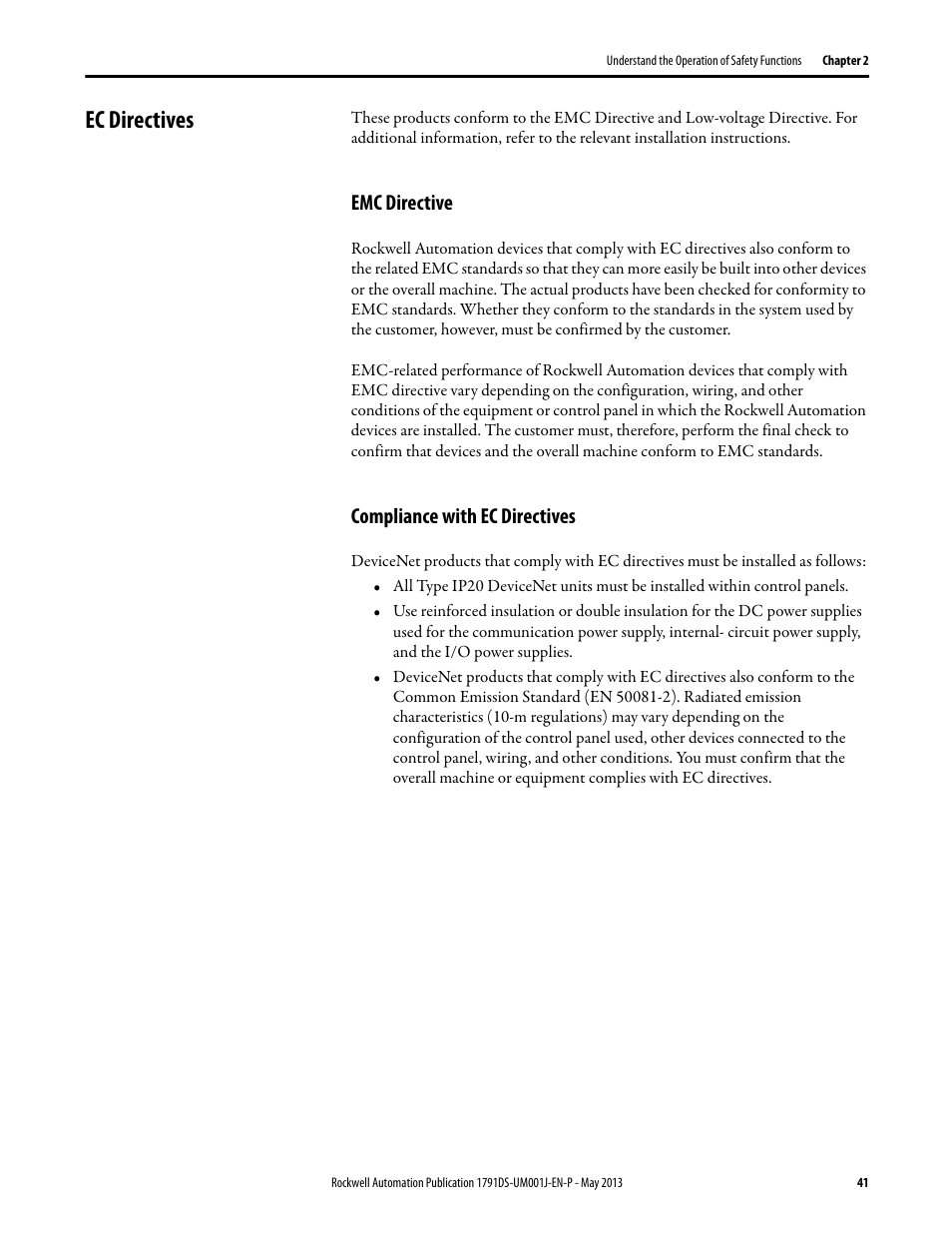 Ec directives, Emc directive, Compliance with ec directives | Emc directive compliance with ec directives | Rockwell Automation 1791DS-IBxxxx Guard I/O DeviceNet Safety Modules User Manual | Page 41 / 178