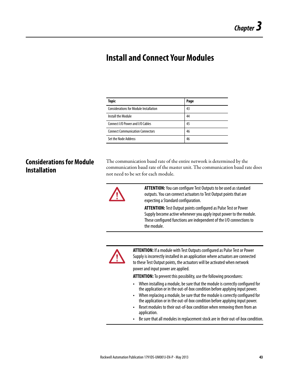 3 - install and connect your modules, Considerations for module installation, Chapter 3 | Install and connect your modules, Chapter | Rockwell Automation 1791DS-IBxxxx Guard I/O DeviceNet Safety Modules User Manual | Page 43 / 178