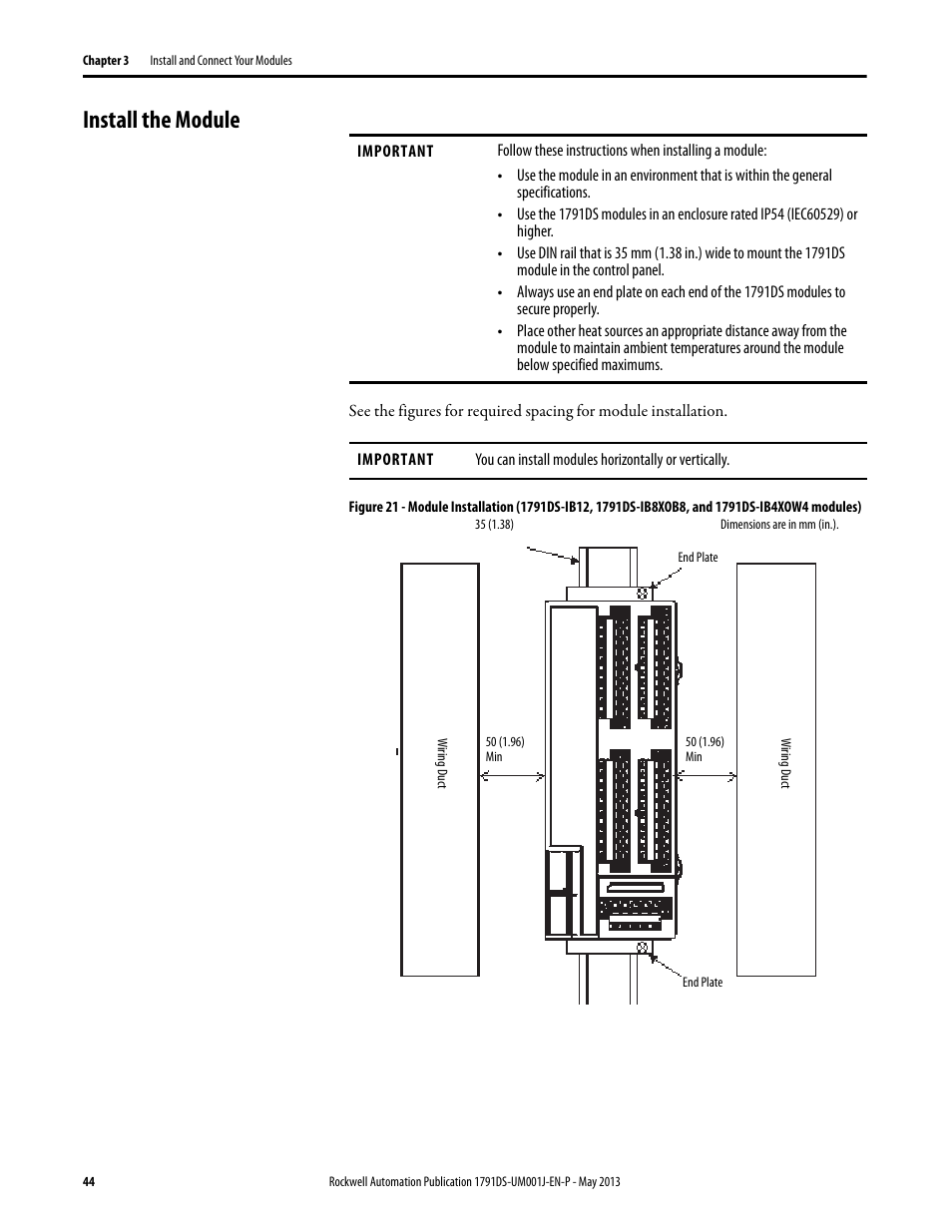 Install the module | Rockwell Automation 1791DS-IBxxxx Guard I/O DeviceNet Safety Modules User Manual | Page 44 / 178