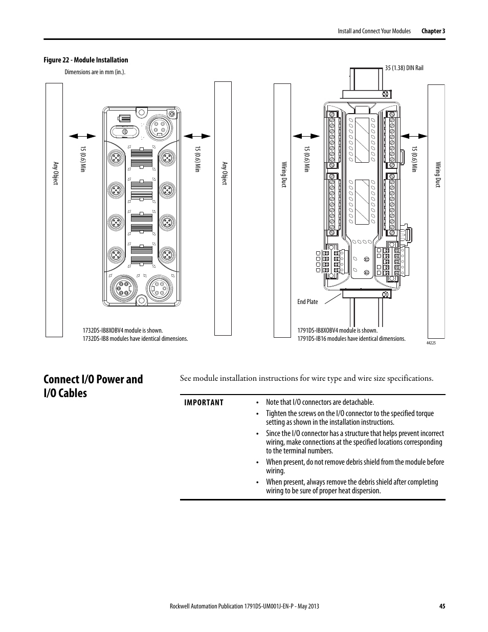 Connect i/o power and i/o cables | Rockwell Automation 1791DS-IBxxxx Guard I/O DeviceNet Safety Modules User Manual | Page 45 / 178