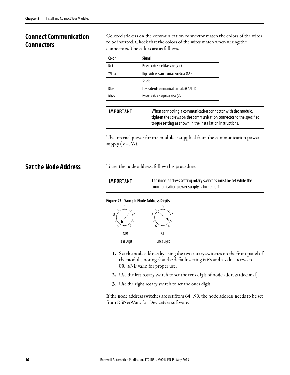 Connect communication connectors, Set the node address | Rockwell Automation 1791DS-IBxxxx Guard I/O DeviceNet Safety Modules User Manual | Page 46 / 178