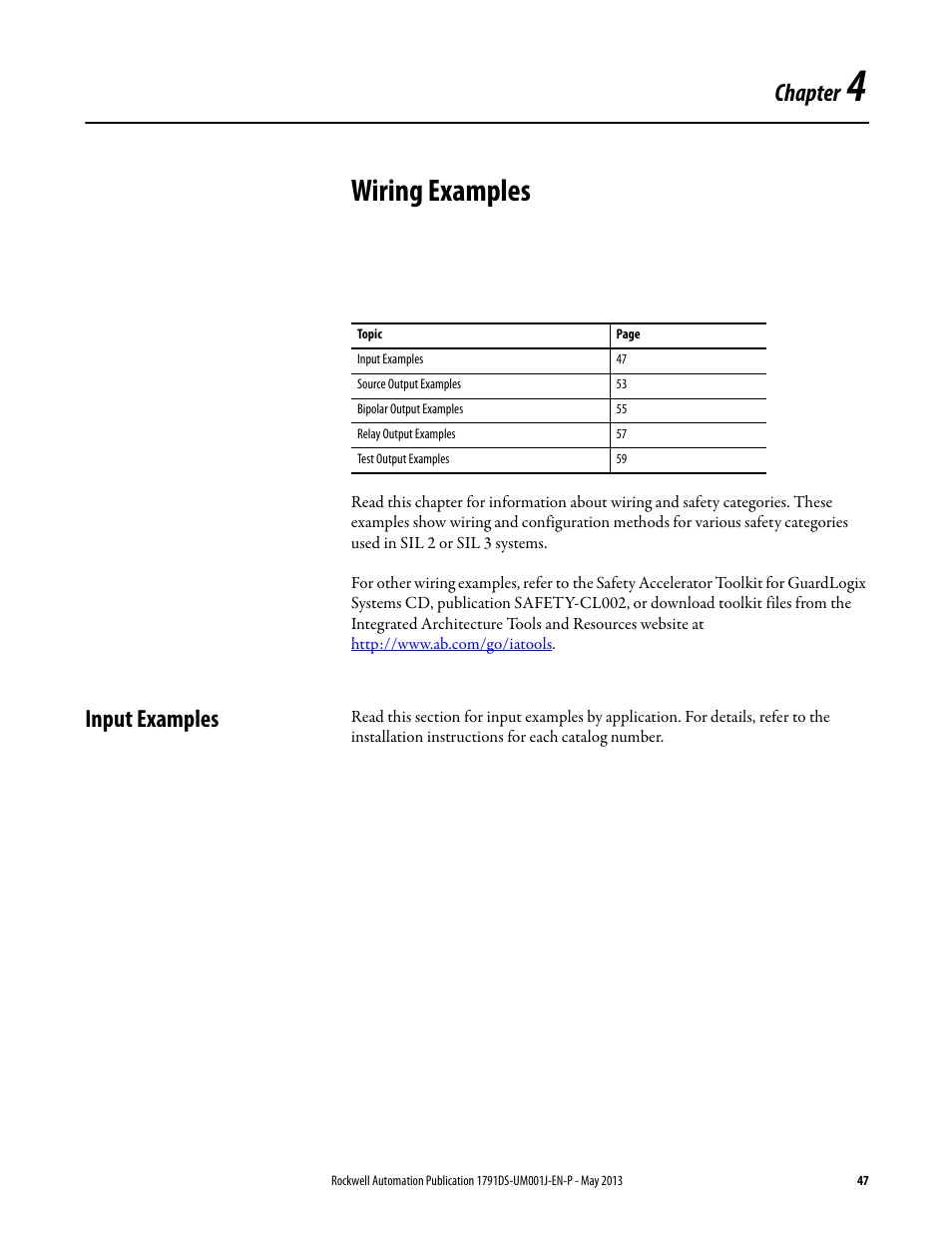 4 - wiring examples, Input examples, Chapter 4 | Wiring examples, Chapter | Rockwell Automation 1791DS-IBxxxx Guard I/O DeviceNet Safety Modules User Manual | Page 47 / 178