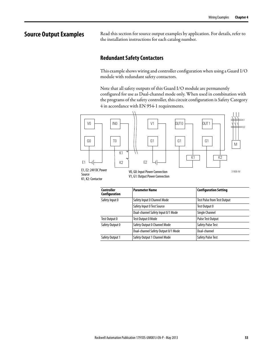 Source output examples, Redundant safety contactors | Rockwell Automation 1791DS-IBxxxx Guard I/O DeviceNet Safety Modules User Manual | Page 53 / 178