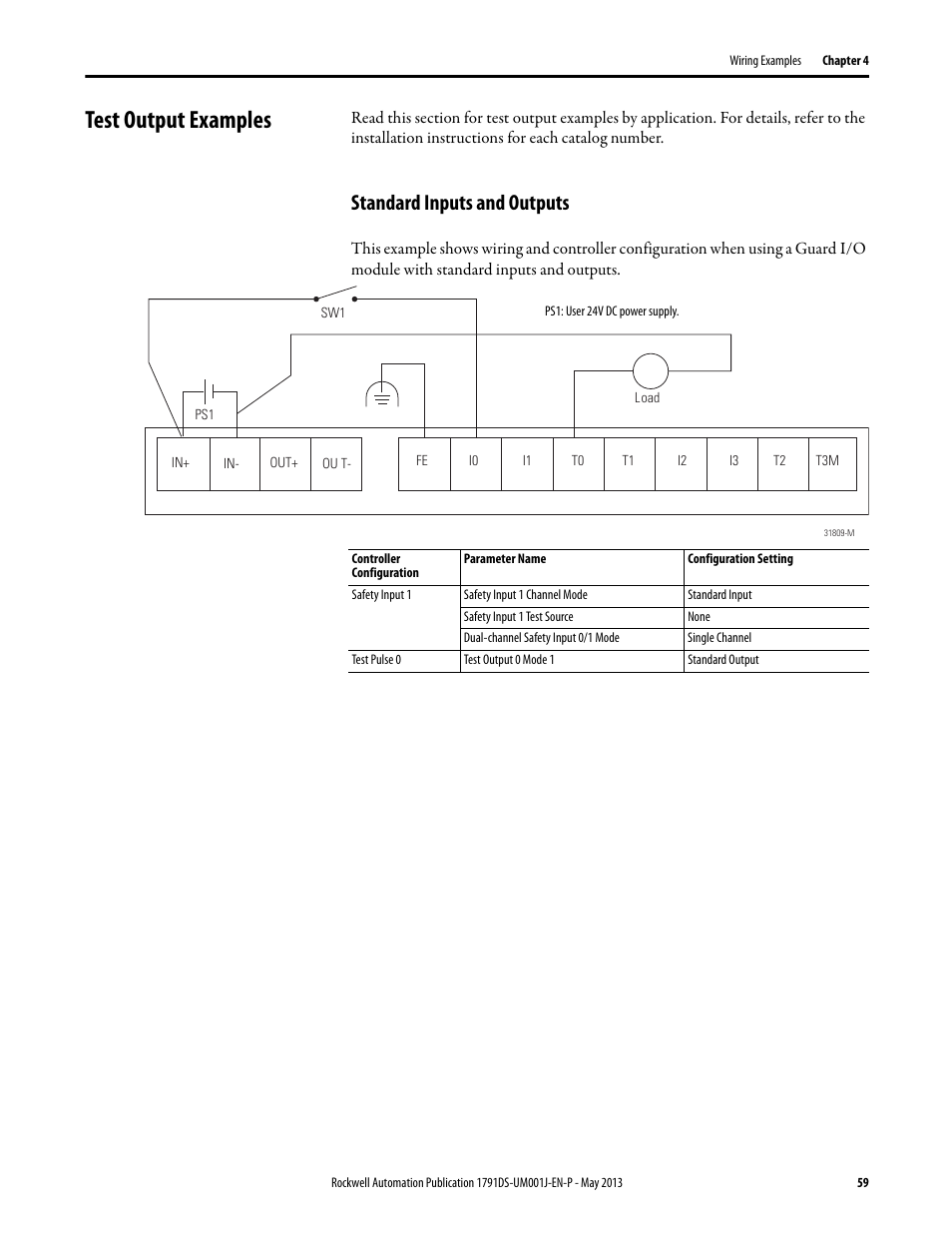 Test output examples, Standard inputs and outputs | Rockwell Automation 1791DS-IBxxxx Guard I/O DeviceNet Safety Modules User Manual | Page 59 / 178