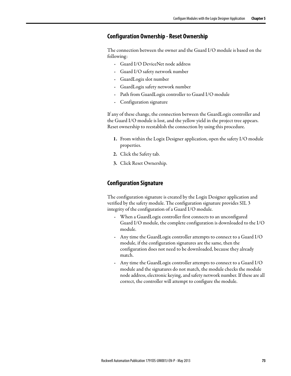 Configuration ownership - reset ownership, Configuration signature | Rockwell Automation 1791DS-IBxxxx Guard I/O DeviceNet Safety Modules User Manual | Page 73 / 178