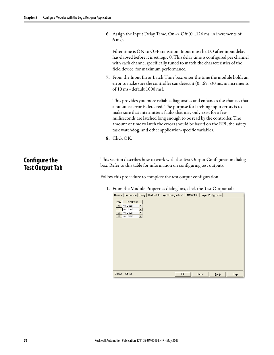 Configure the test output tab | Rockwell Automation 1791DS-IBxxxx Guard I/O DeviceNet Safety Modules User Manual | Page 76 / 178