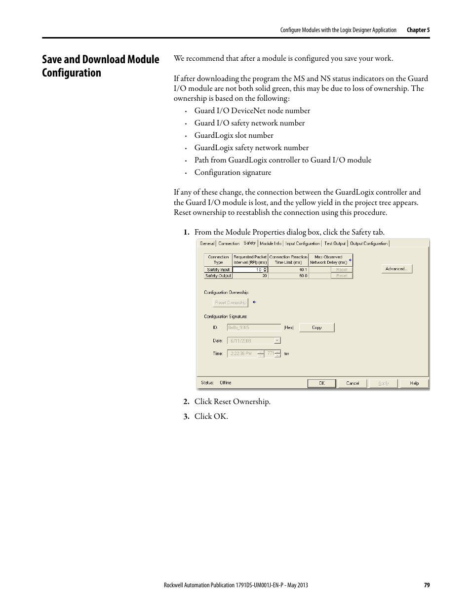 Save and download module configuration | Rockwell Automation 1791DS-IBxxxx Guard I/O DeviceNet Safety Modules User Manual | Page 79 / 178