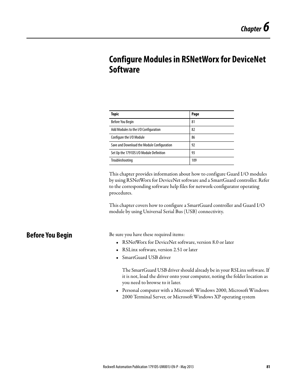 Before you begin, Chapter 6, Chapter | Rockwell Automation 1791DS-IBxxxx Guard I/O DeviceNet Safety Modules User Manual | Page 81 / 178