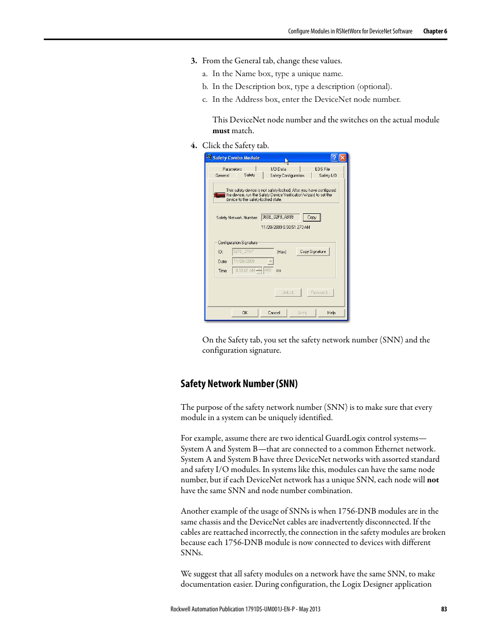 Safety network number (snn) | Rockwell Automation 1791DS-IBxxxx Guard I/O DeviceNet Safety Modules User Manual | Page 83 / 178