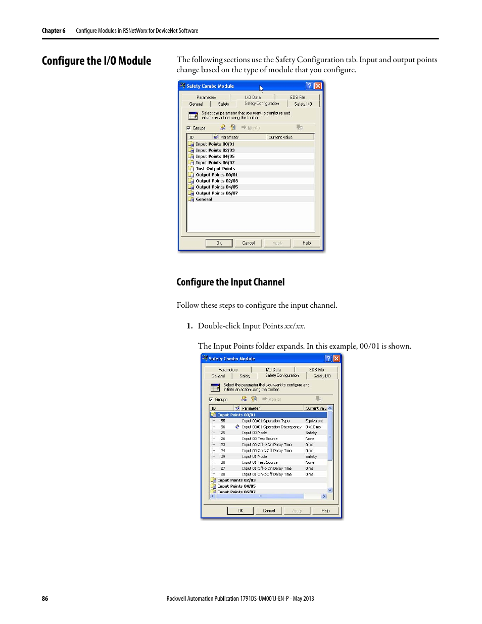 Configure the i/o module, Configure the input channel | Rockwell Automation 1791DS-IBxxxx Guard I/O DeviceNet Safety Modules User Manual | Page 86 / 178