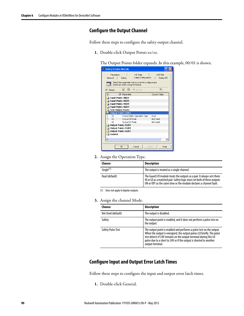 Configure the output channel, Configure input and output error latch times | Rockwell Automation 1791DS-IBxxxx Guard I/O DeviceNet Safety Modules User Manual | Page 90 / 178