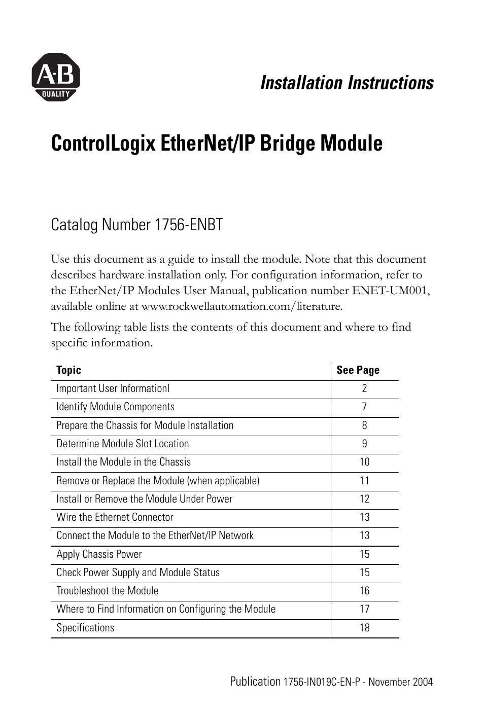 Rockwell Automation 1756-ENBT ControlLogix EtherNet/IP Bridge Module Installation Instructions User Manual | 20 pages