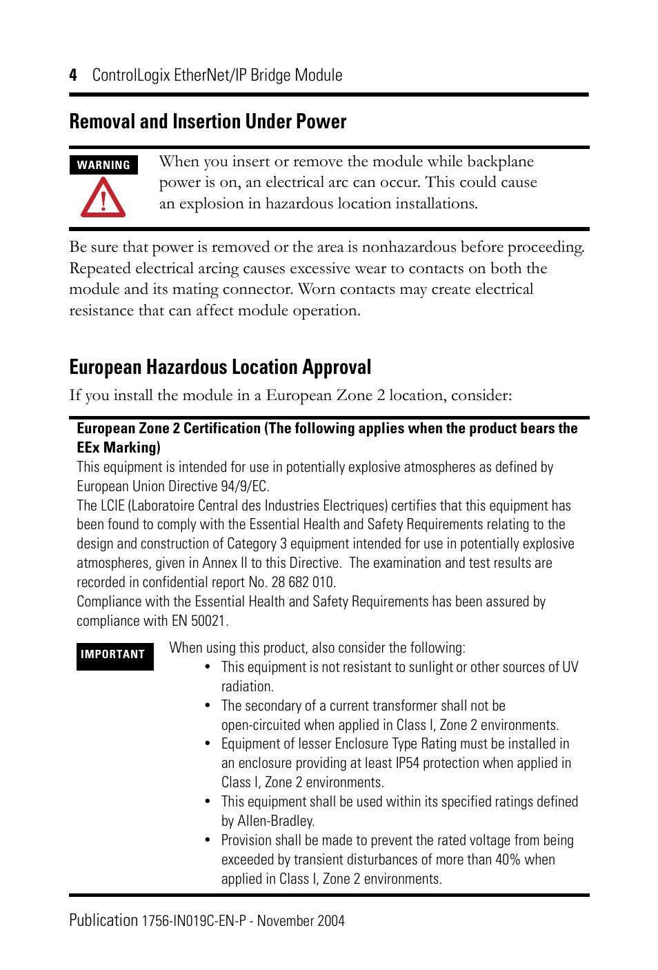 Removal and insertion under power, European hazardous location approval | Rockwell Automation 1756-ENBT ControlLogix EtherNet/IP Bridge Module Installation Instructions User Manual | Page 4 / 20