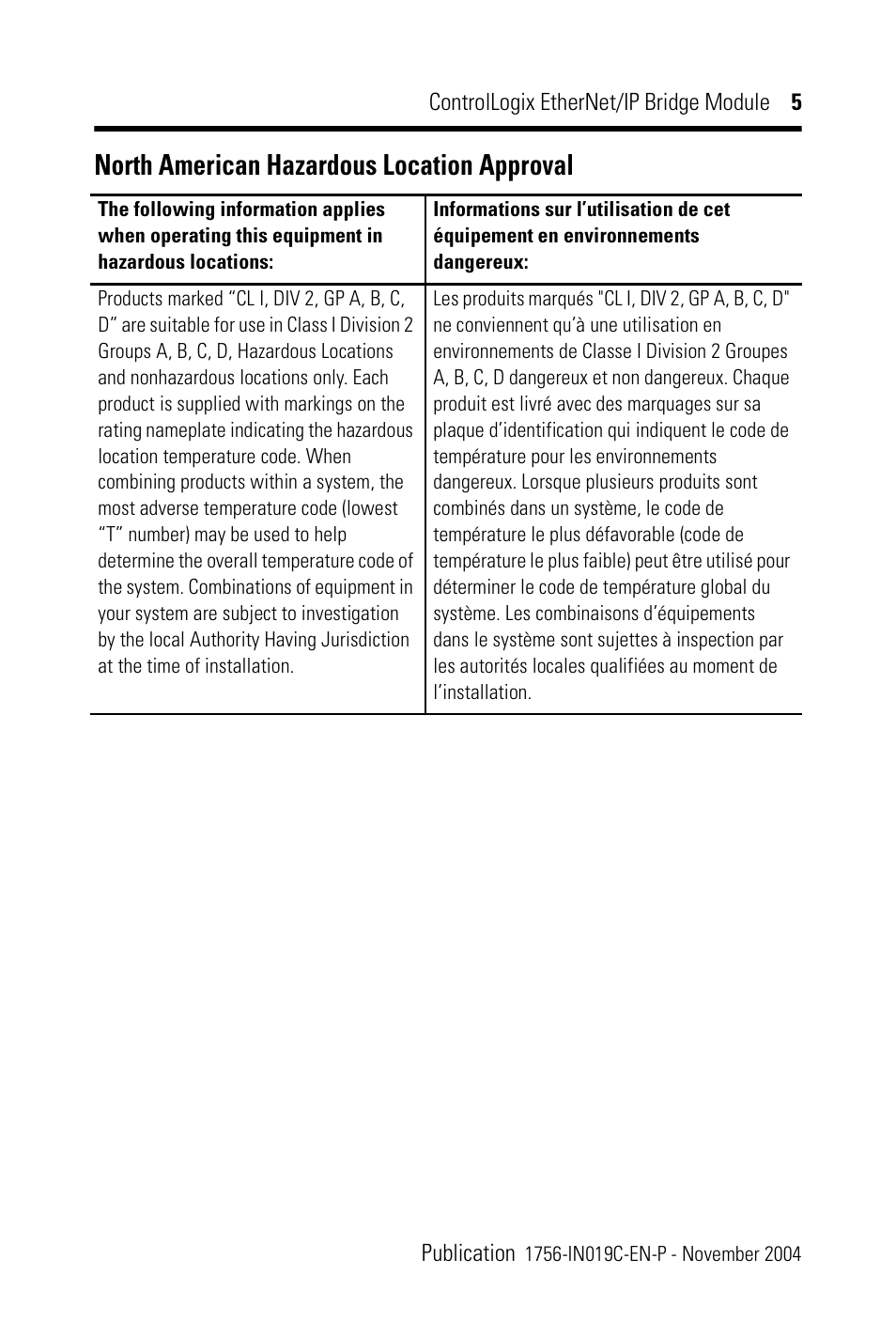 North american hazardous location approval | Rockwell Automation 1756-ENBT ControlLogix EtherNet/IP Bridge Module Installation Instructions User Manual | Page 5 / 20