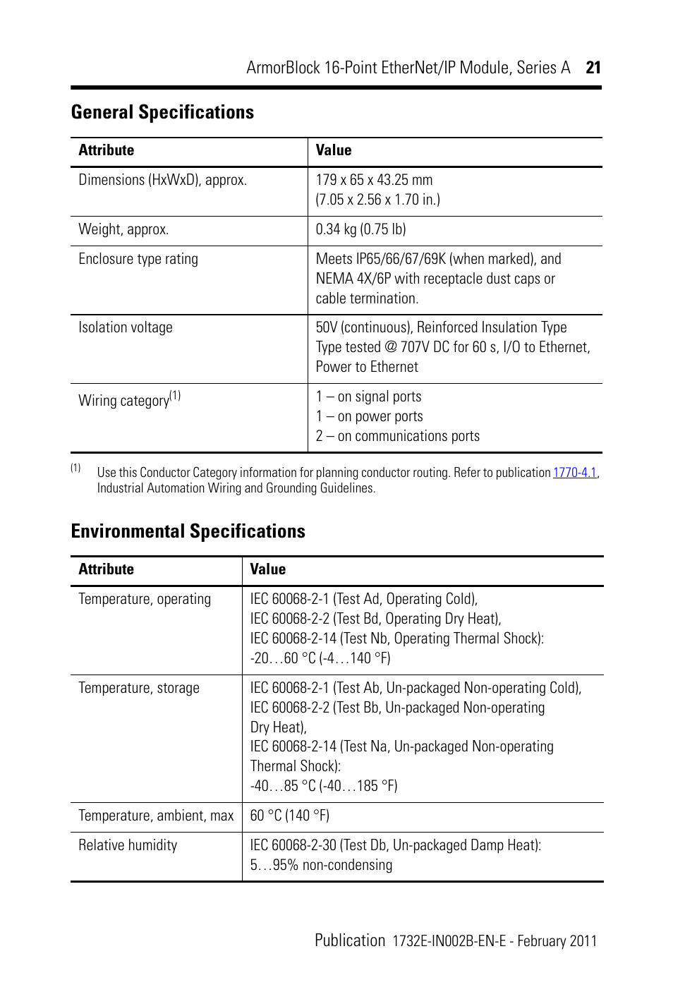 Environmental specifications, General specifications | Rockwell Automation 1732E-XXXX Ethernet/IP 24Vdc 16 Input Modules User Manual | Page 21 / 24