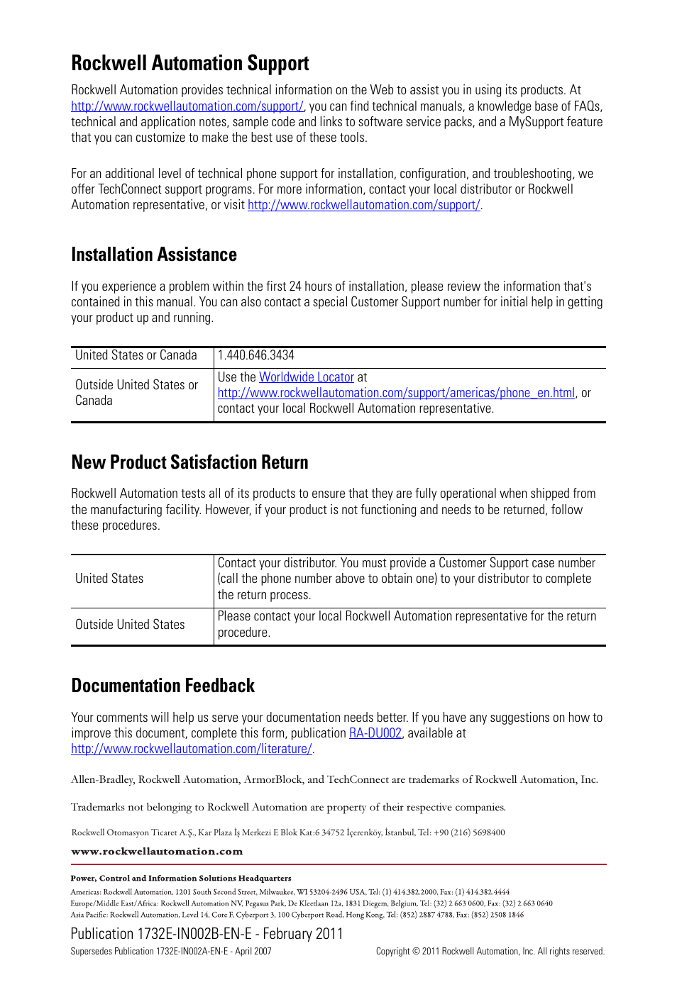 Back cover, Rockwell automation support, Installation assistance | New product satisfaction return, Documentation feedback | Rockwell Automation 1732E-XXXX Ethernet/IP 24Vdc 16 Input Modules User Manual | Page 24 / 24