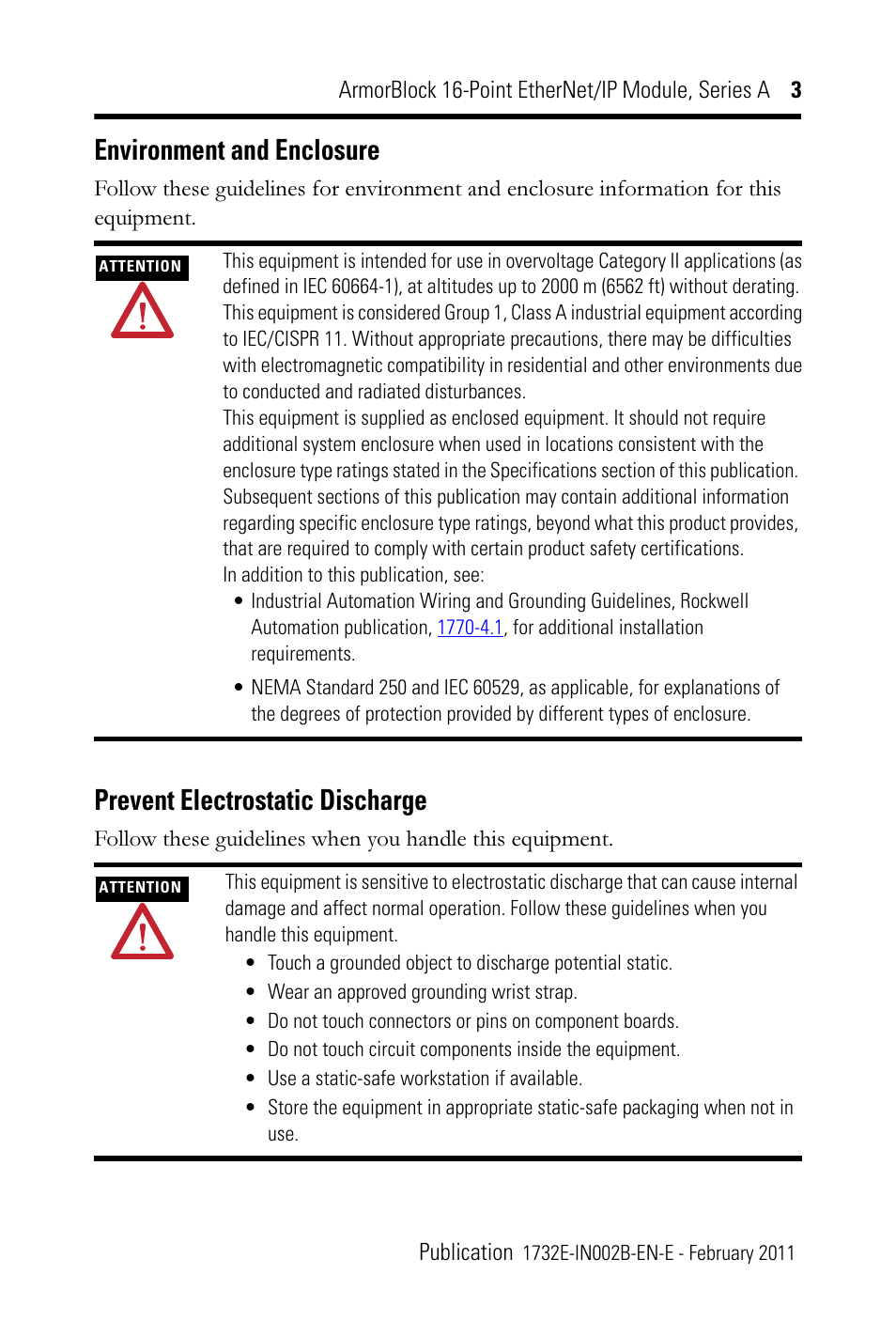 Environment and enclosure, Prevent electrostatic discharge | Rockwell Automation 1732E-XXXX Ethernet/IP 24Vdc 16 Input Modules User Manual | Page 3 / 24