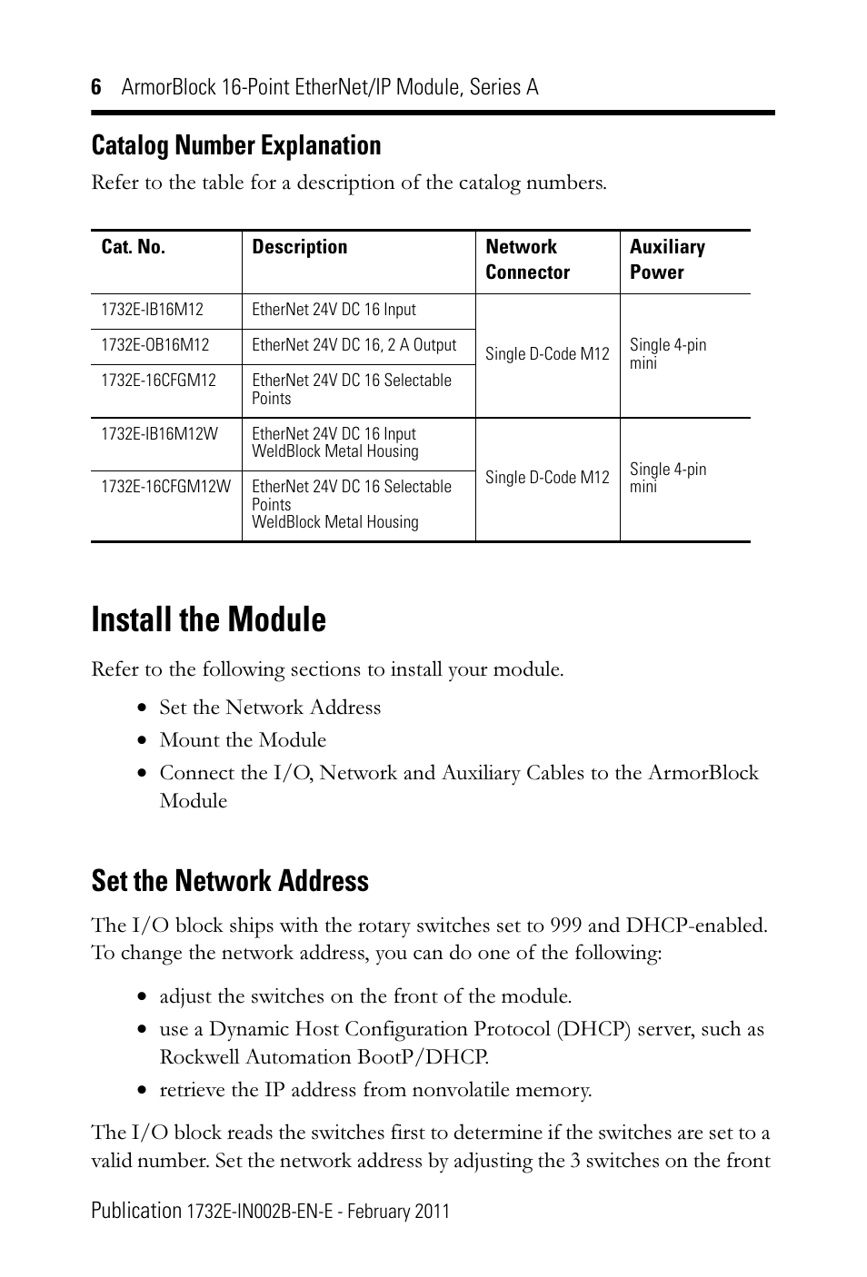 Catalog number explanation, Install the module, Set the network address | Rockwell Automation 1732E-XXXX Ethernet/IP 24Vdc 16 Input Modules User Manual | Page 6 / 24