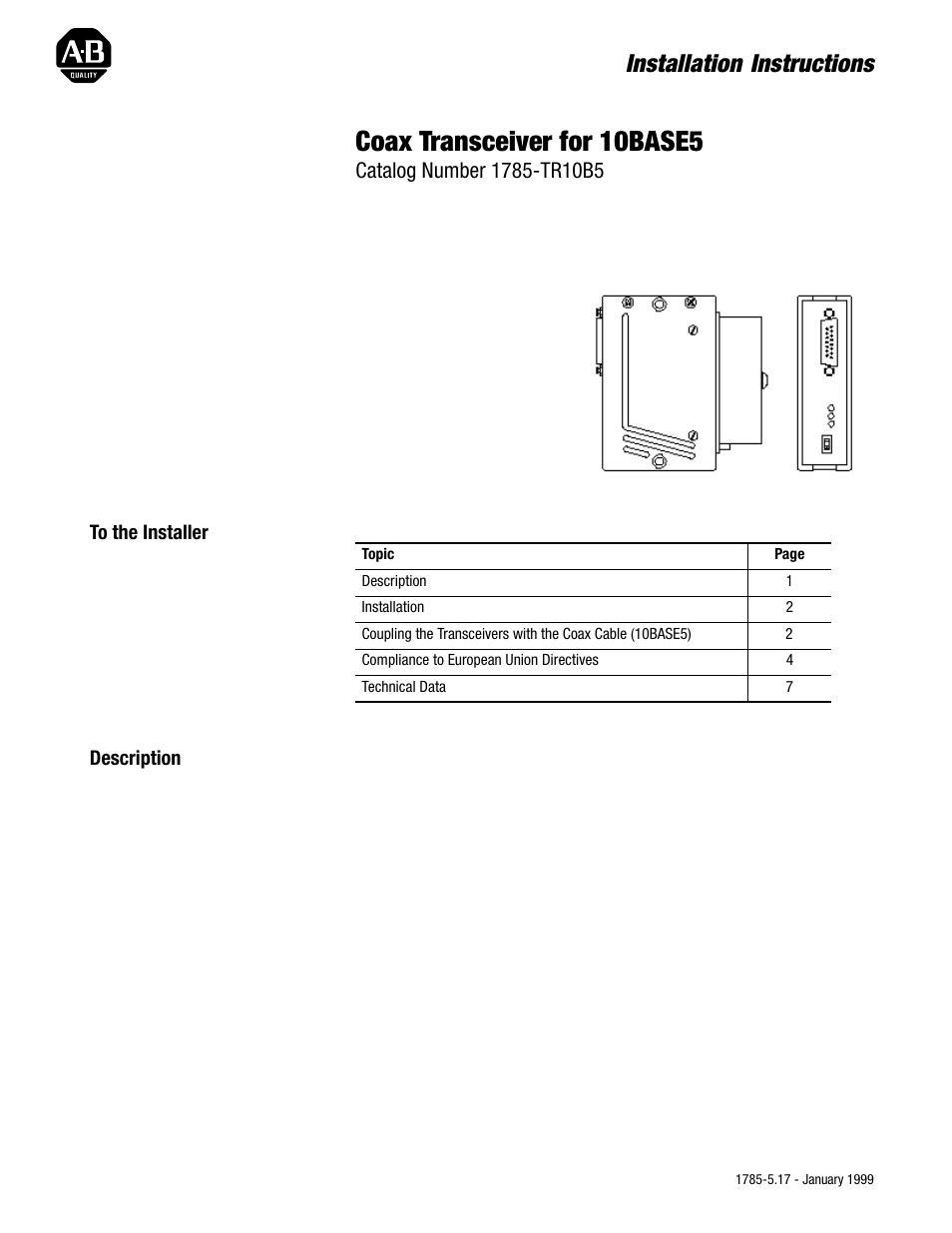 Rockwell Automation 1785-TR10B5 Coax Transceiver for 10BASE5 Installation Instructions User Manual | 8 pages