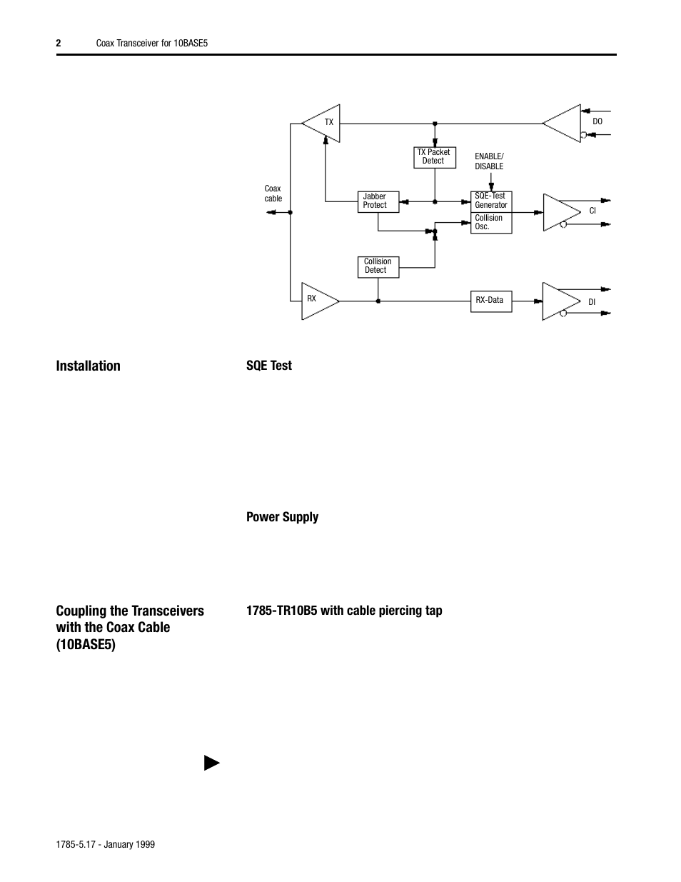 Installation, Sqe test, Power supply | 1785-tr10b5 with cable piercing tap | Rockwell Automation 1785-TR10B5 Coax Transceiver for 10BASE5 Installation Instructions User Manual | Page 2 / 8