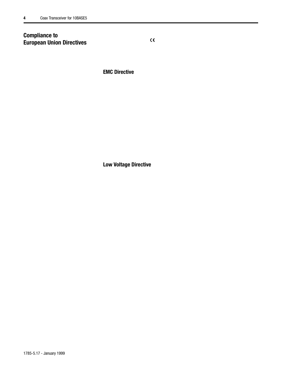 Compliance to european union directives, Emc directive, Low voltage directive | Rockwell Automation 1785-TR10B5 Coax Transceiver for 10BASE5 Installation Instructions User Manual | Page 4 / 8
