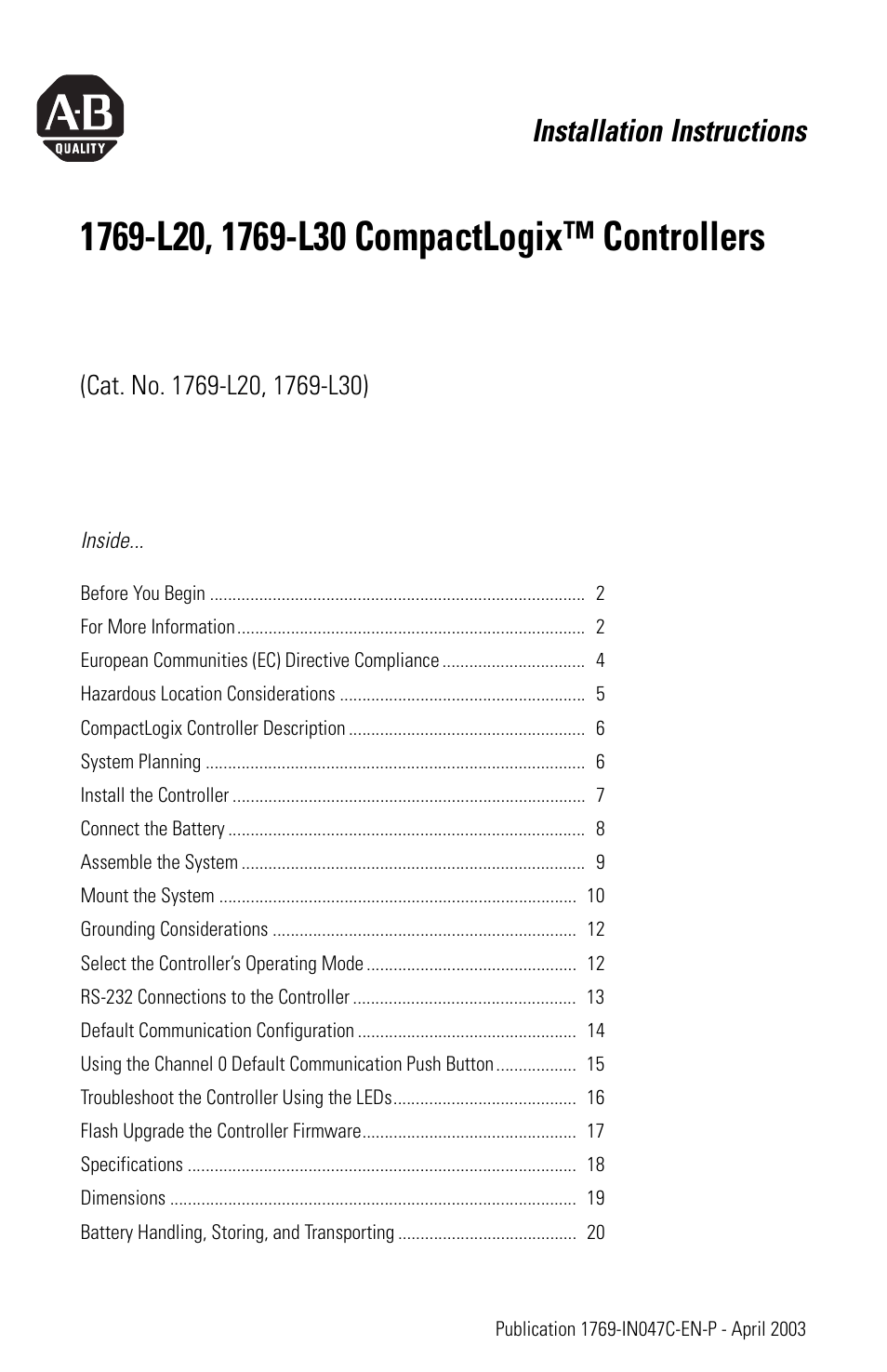 Rockwell Automation 1769-L20_L30 CompactLogix Controller Installation Instructions User Manual | 24 pages