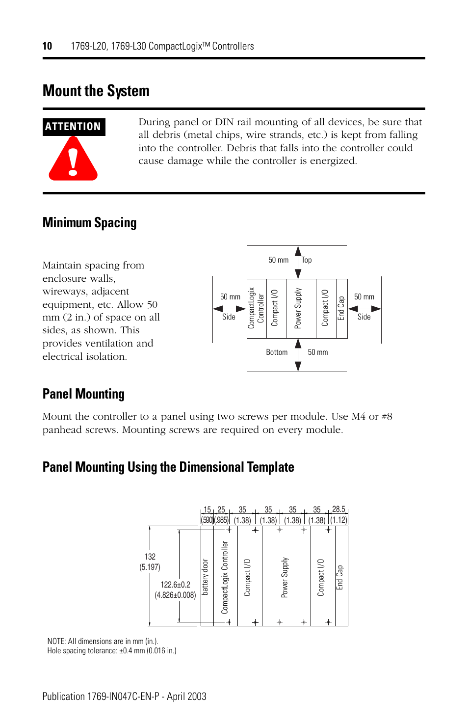 Mount the system, Minimum spacing, Panel mounting | Panel mounting using the dimensional template | Rockwell Automation 1769-L20_L30 CompactLogix Controller Installation Instructions User Manual | Page 10 / 24