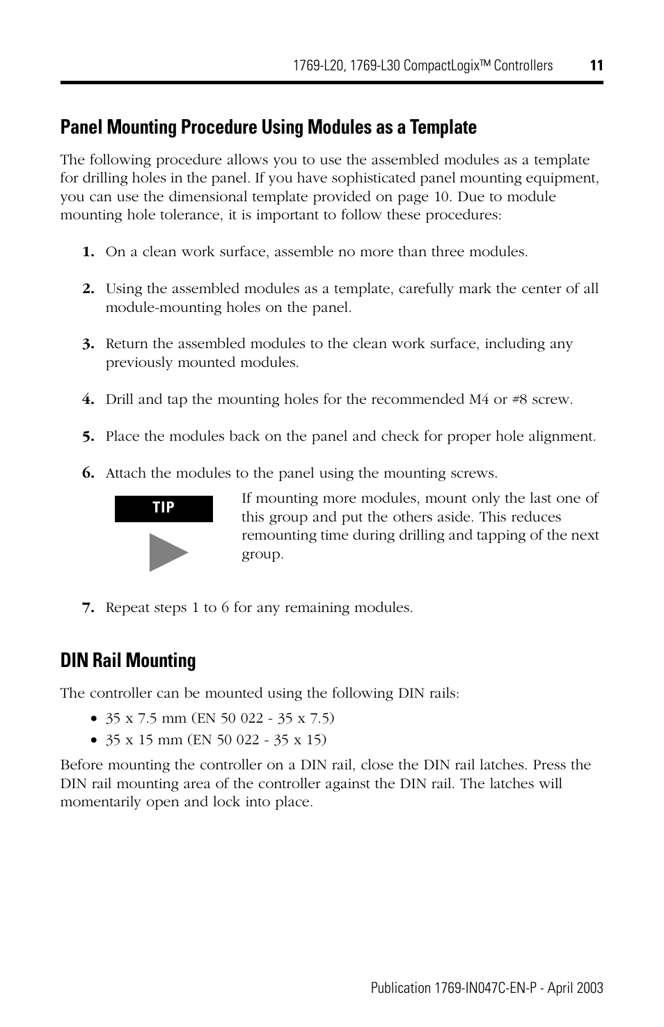 Din rail mounting | Rockwell Automation 1769-L20_L30 CompactLogix Controller Installation Instructions User Manual | Page 11 / 24