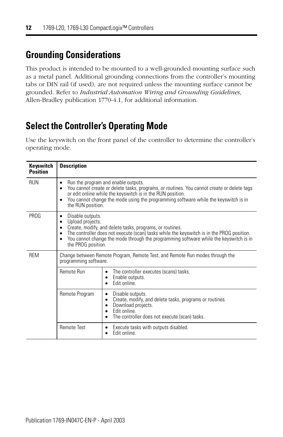 Grounding considerations, Select the controller’s operating mode | Rockwell Automation 1769-L20_L30 CompactLogix Controller Installation Instructions User Manual | Page 12 / 24