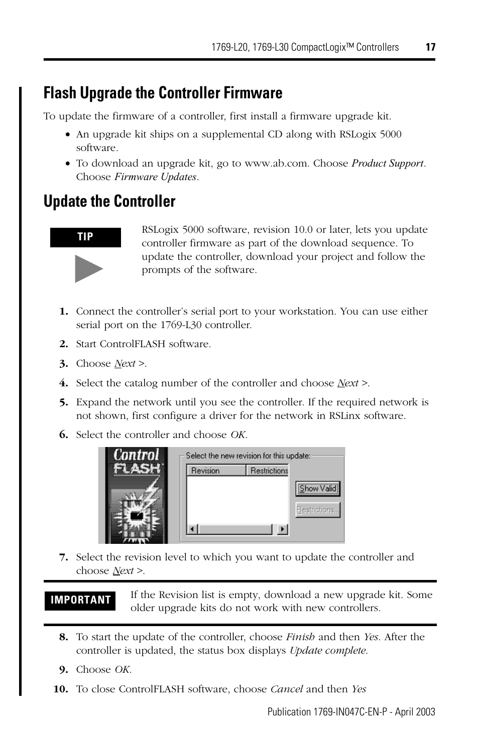 Flash upgrade the controller firmware, Update the controller | Rockwell Automation 1769-L20_L30 CompactLogix Controller Installation Instructions User Manual | Page 17 / 24
