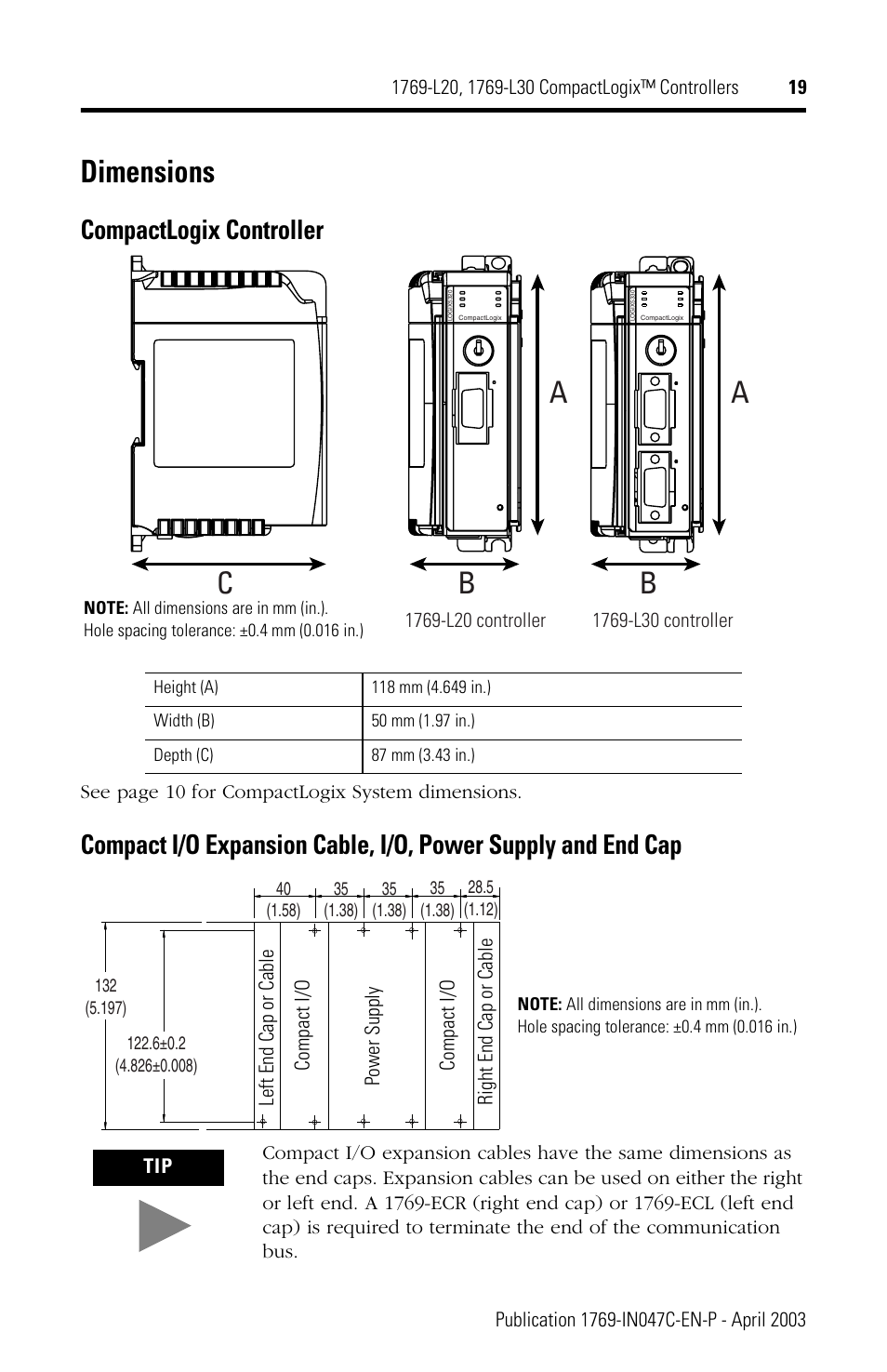 Dimensions, Ab a b c, Compactlogix controller | Rockwell Automation 1769-L20_L30 CompactLogix Controller Installation Instructions User Manual | Page 19 / 24