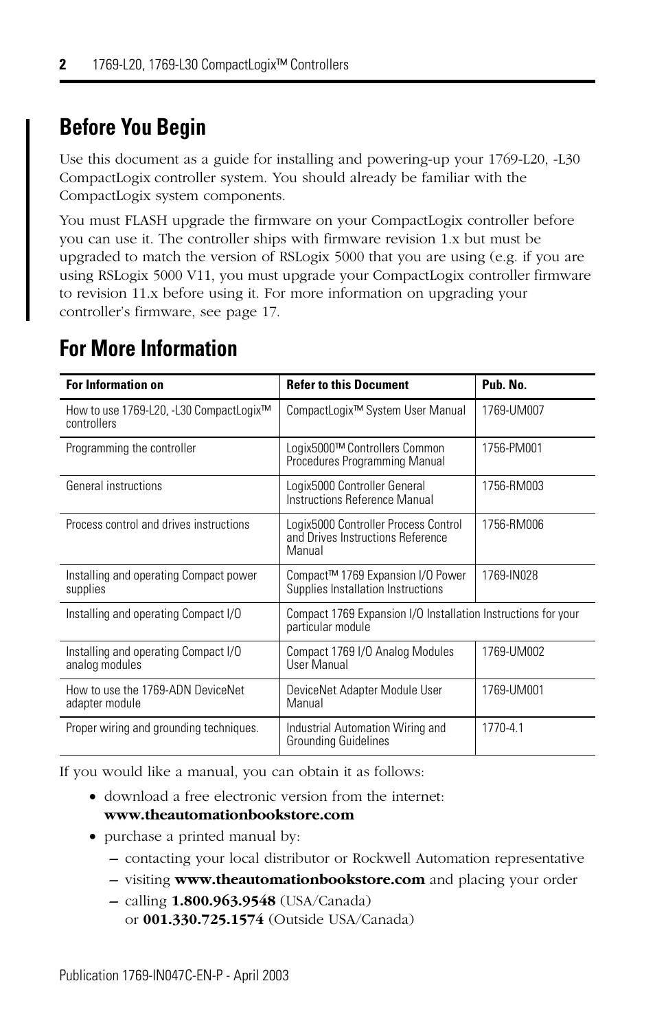 Before you begin, For more information | Rockwell Automation 1769-L20_L30 CompactLogix Controller Installation Instructions User Manual | Page 2 / 24