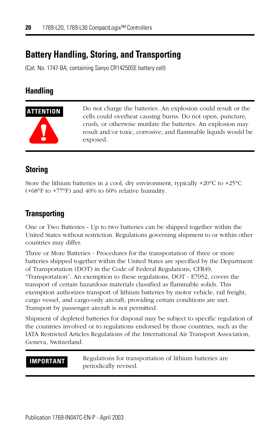 Battery handling, storing, and transporting | Rockwell Automation 1769-L20_L30 CompactLogix Controller Installation Instructions User Manual | Page 20 / 24