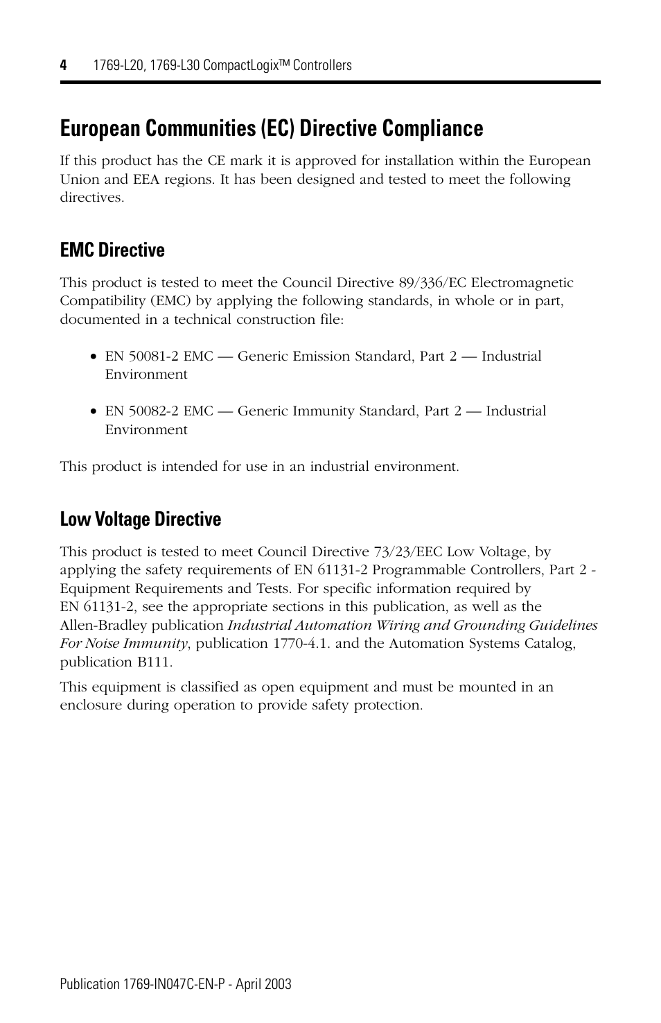 European communities (ec) directive compliance, Emc directive, Low voltage directive | Rockwell Automation 1769-L20_L30 CompactLogix Controller Installation Instructions User Manual | Page 4 / 24