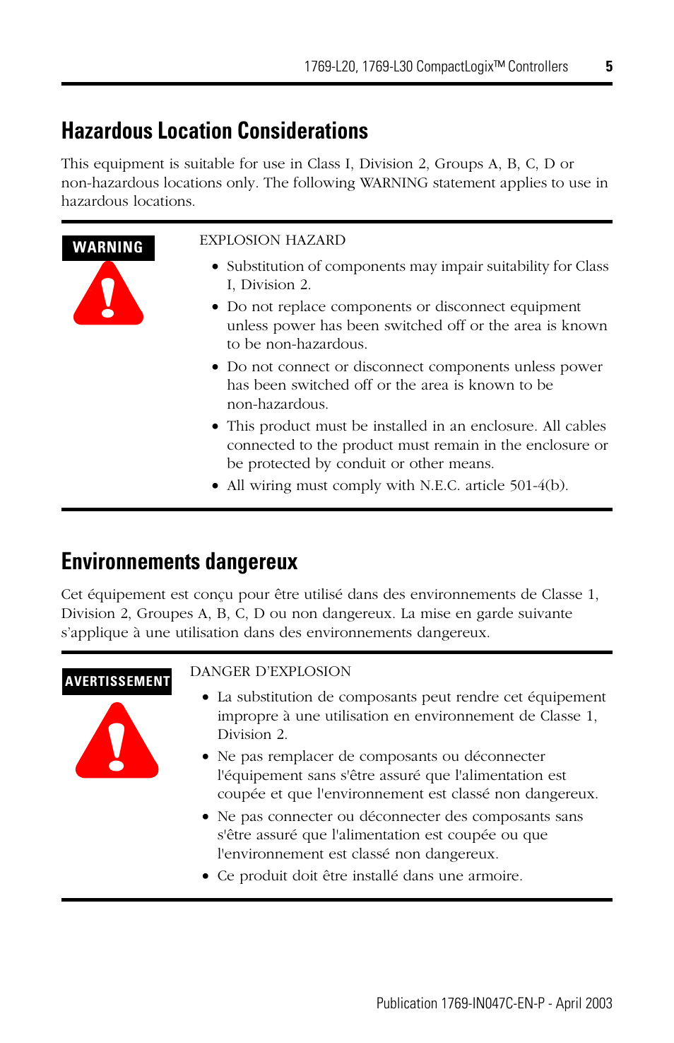 Hazardous location considerations, Environnements dangereux | Rockwell Automation 1769-L20_L30 CompactLogix Controller Installation Instructions User Manual | Page 5 / 24