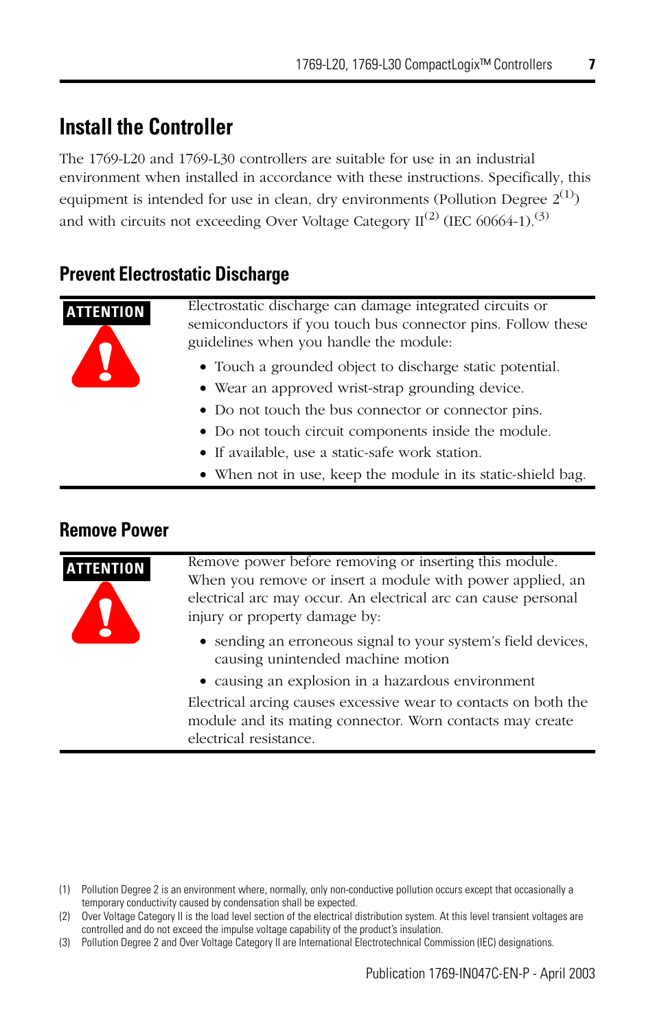 Install the controller | Rockwell Automation 1769-L20_L30 CompactLogix Controller Installation Instructions User Manual | Page 7 / 24