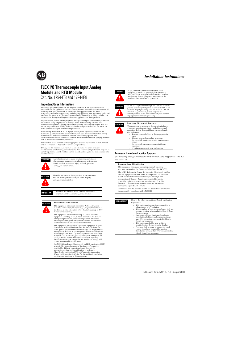 Rockwell Automation 1794-IT8_IR8 FLEX I/O 8 Thermocouple Input Module User Manual | 6 pages