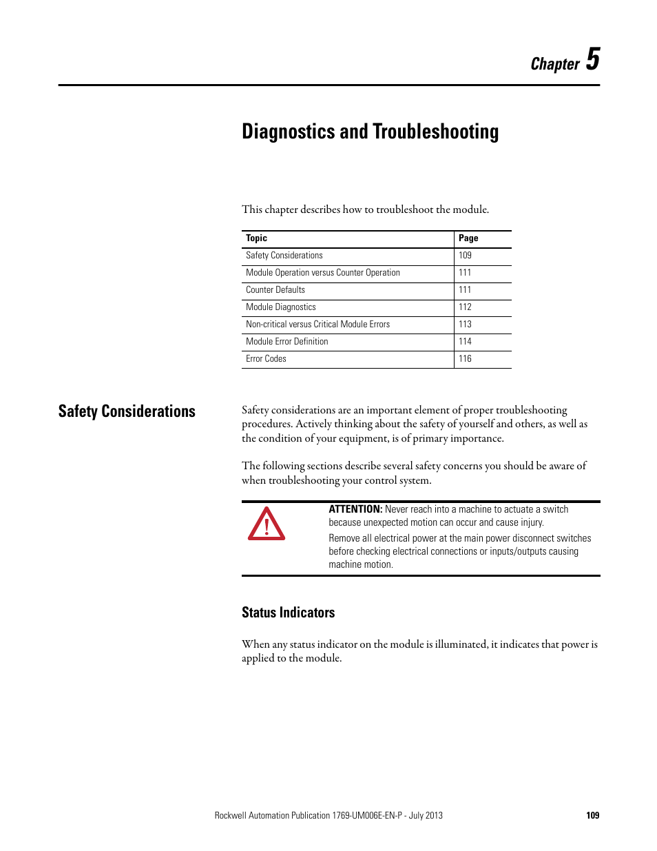 5 - diagnostics and troubleshooting, Safety considerations, Status indicators | Chapter 5, Diagnostics and troubleshooting, Chapter | Rockwell Automation 1769-HSC Compact High Speed Counter Module User Manual | Page 109 / 170