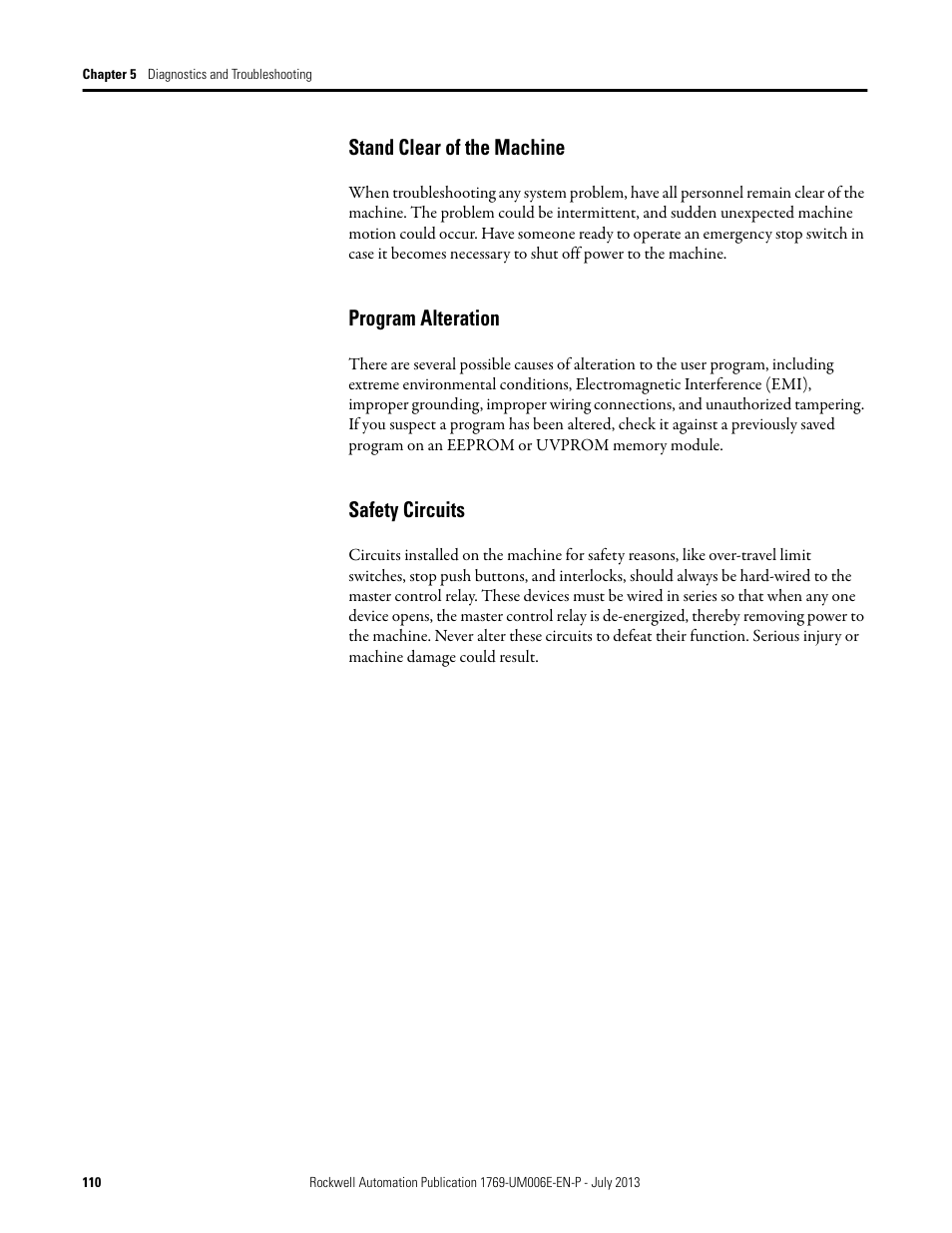Stand clear of the machine, Program alteration, Safety circuits | Rockwell Automation 1769-HSC Compact High Speed Counter Module User Manual | Page 110 / 170