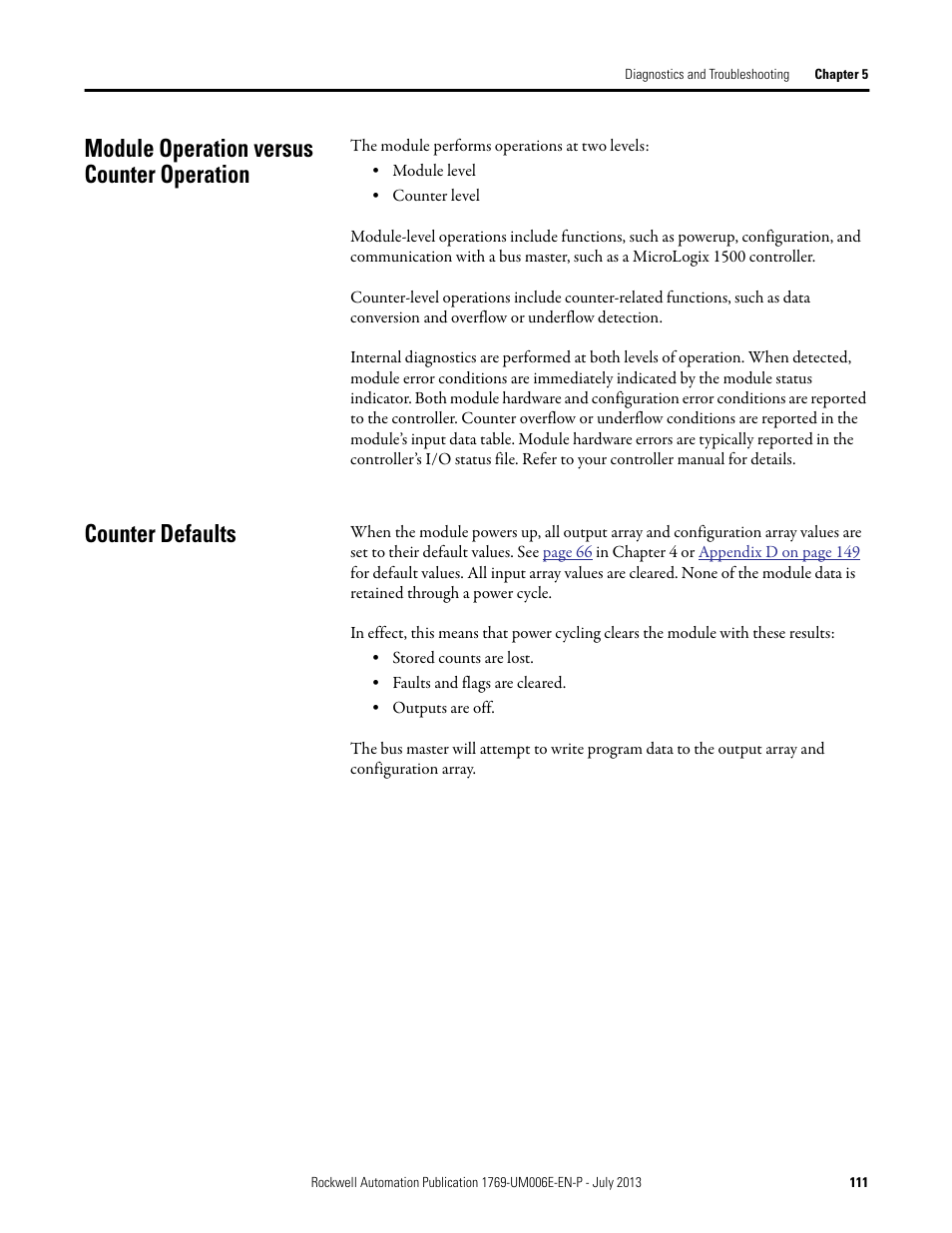 Module operation versus counter operation, Counter defaults | Rockwell Automation 1769-HSC Compact High Speed Counter Module User Manual | Page 111 / 170