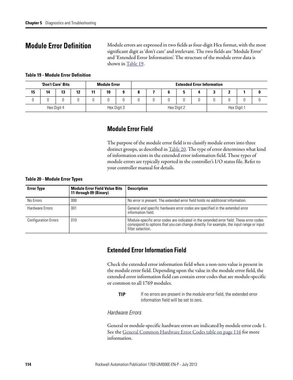 Module error definition, Module error field, Extended error information field | Rockwell Automation 1769-HSC Compact High Speed Counter Module User Manual | Page 114 / 170