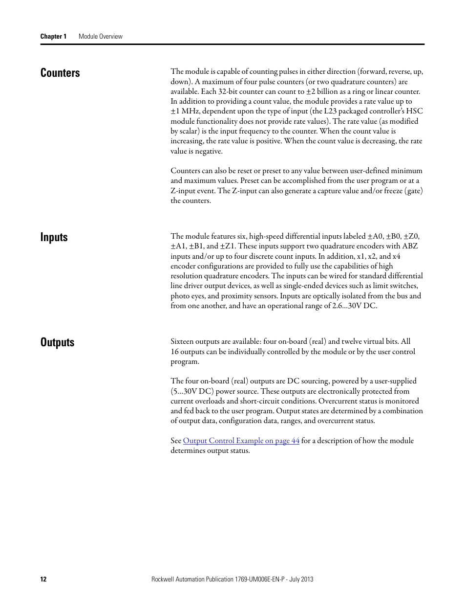 Counters, Inputs, Outputs | Inputs outputs | Rockwell Automation 1769-HSC Compact High Speed Counter Module User Manual | Page 12 / 170