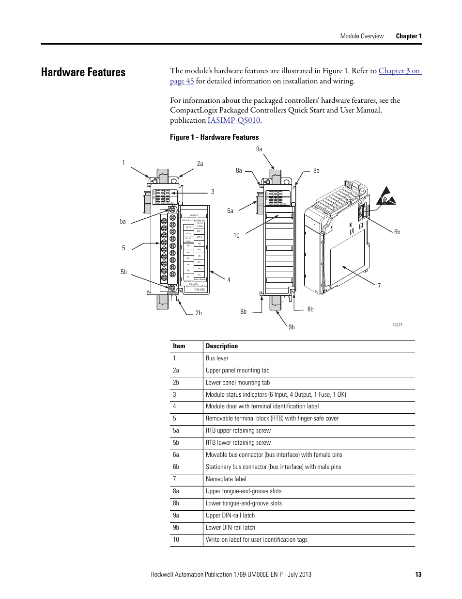 Hardware features, Figure 1 - hardware features | Rockwell Automation 1769-HSC Compact High Speed Counter Module User Manual | Page 13 / 170