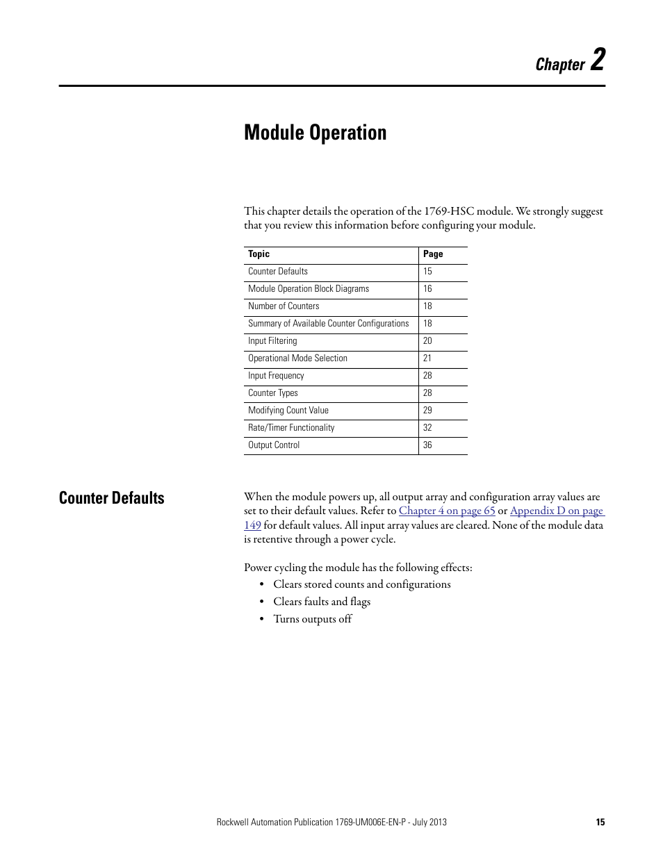 2 - module operation, Counter defaults, Chapter 2 | Module operation, Chapter | Rockwell Automation 1769-HSC Compact High Speed Counter Module User Manual | Page 15 / 170