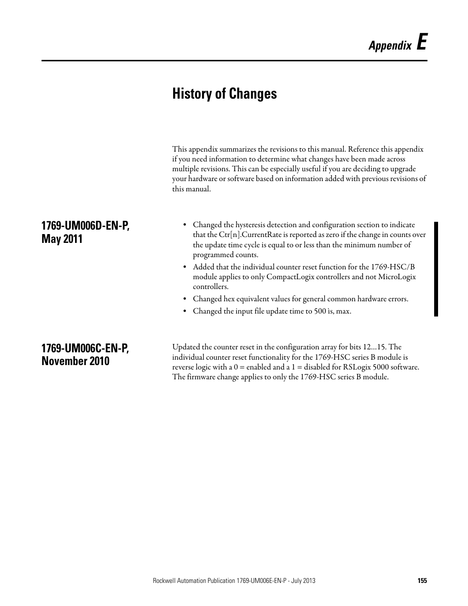 E - history of changes, 1769-um006d-en-p, may 2011, 1769-um006c-en-p, november 2010 | Appendix e, History of changes | Rockwell Automation 1769-HSC Compact High Speed Counter Module User Manual | Page 155 / 170