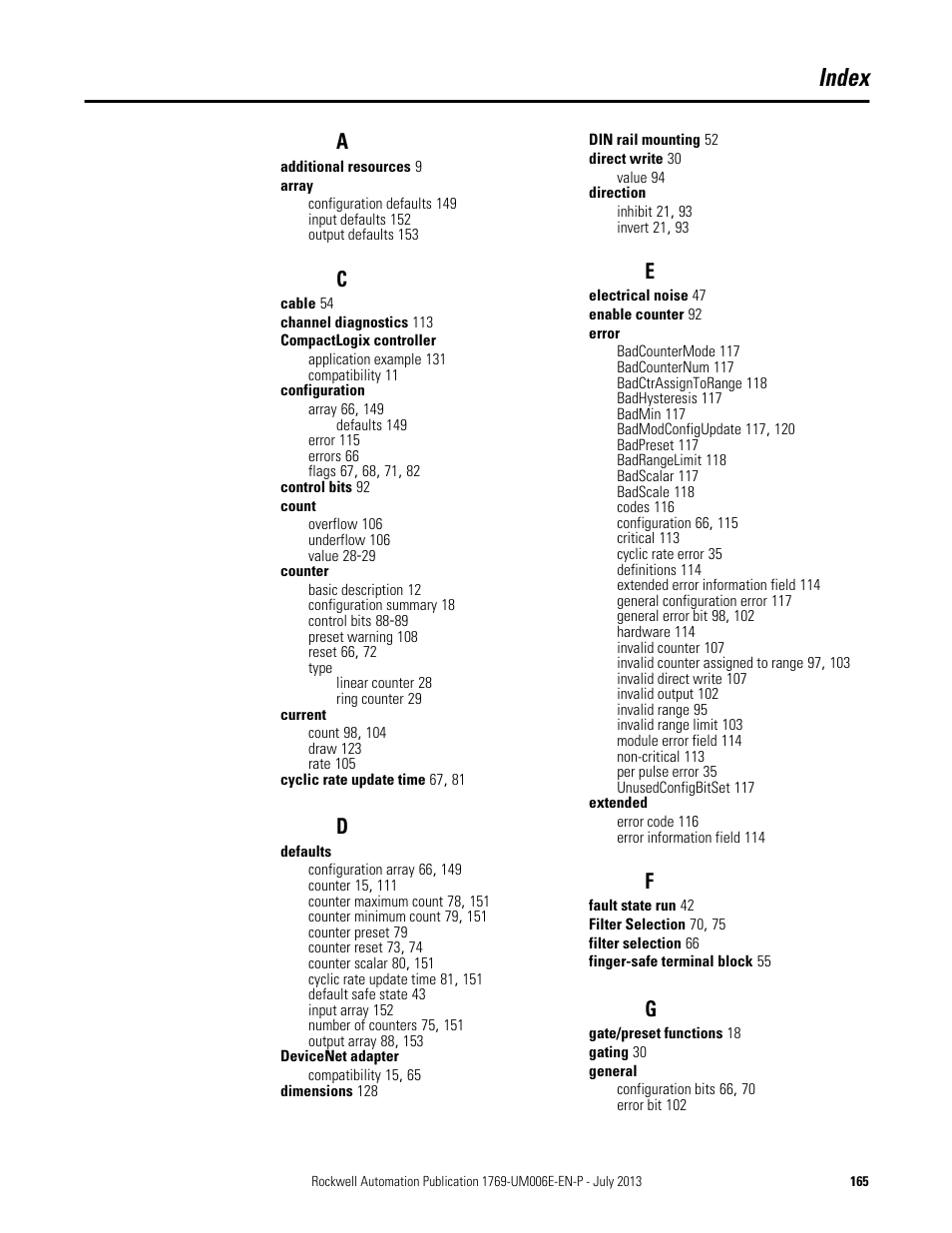 Index | Rockwell Automation 1769-HSC Compact High Speed Counter Module User Manual | Page 165 / 170