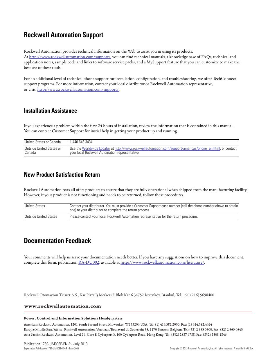Back cover, Rockwell automation support, Documentation feedback | Installation assistance, New product satisfaction return | Rockwell Automation 1769-HSC Compact High Speed Counter Module User Manual | Page 170 / 170